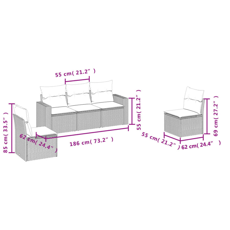 5 Piece Garden Sofa Set with Cushions Grey Poly Rattan