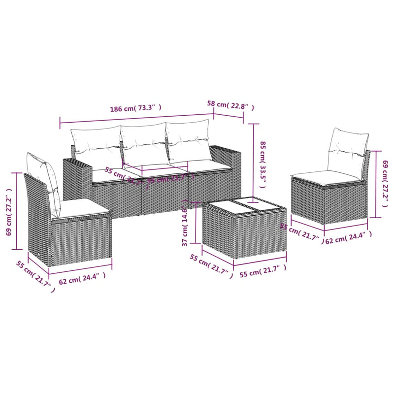 vidaXL 6 Piece Garden Sofa Set with Cushions Grey Poly Rattan