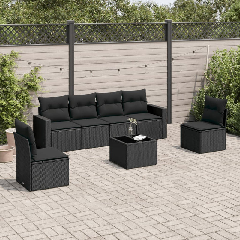 vidaXL 7 Piece Garden Sofa Set with Cushions Black Poly Rattan