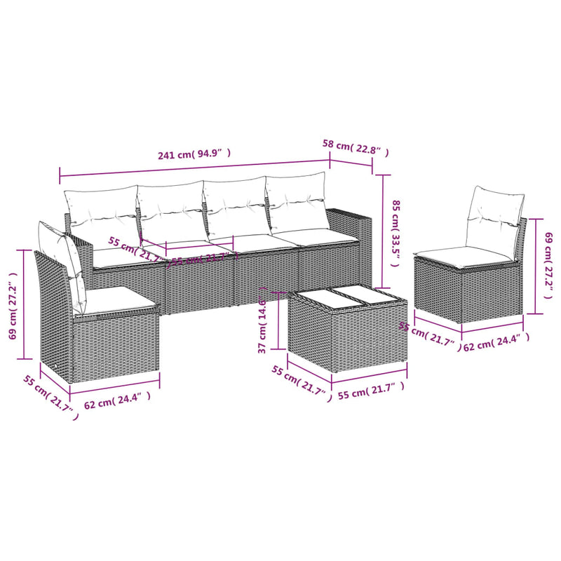 vidaXL 7 Piece Garden Sofa Set with Cushions Grey Poly Rattan