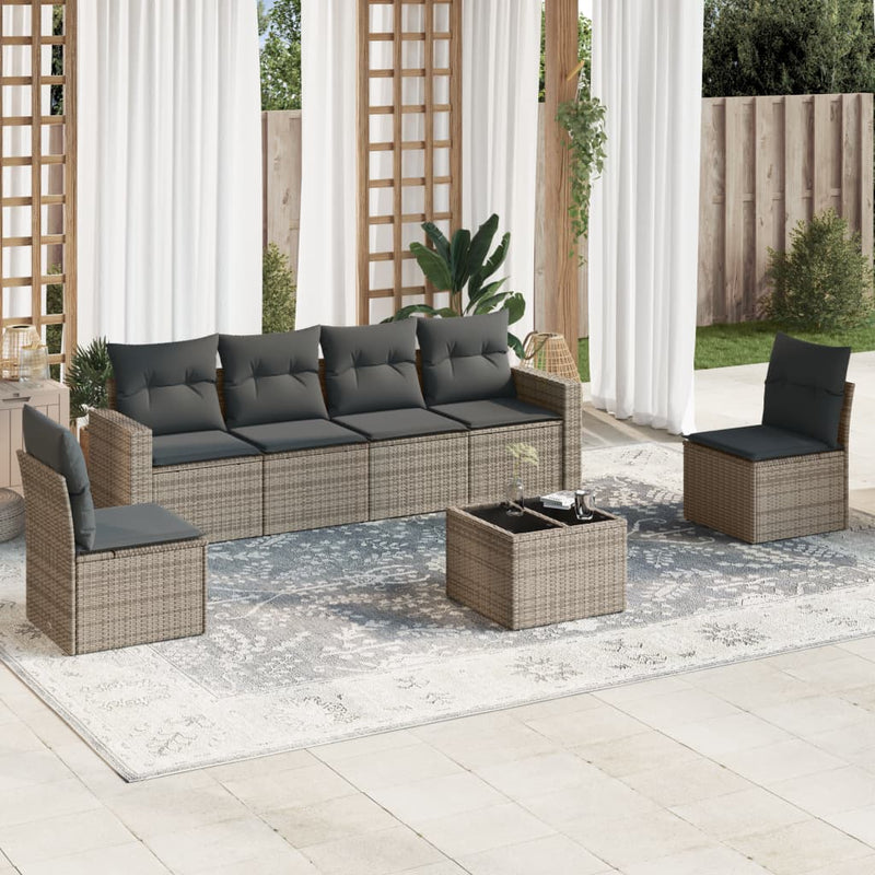 7 Piece Garden Sofa Set with Cushions Grey Poly Rattan