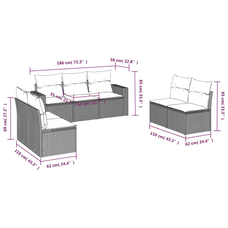 vidaXL 7 Piece Garden Sofa Set with Cushions Grey Poly Rattan