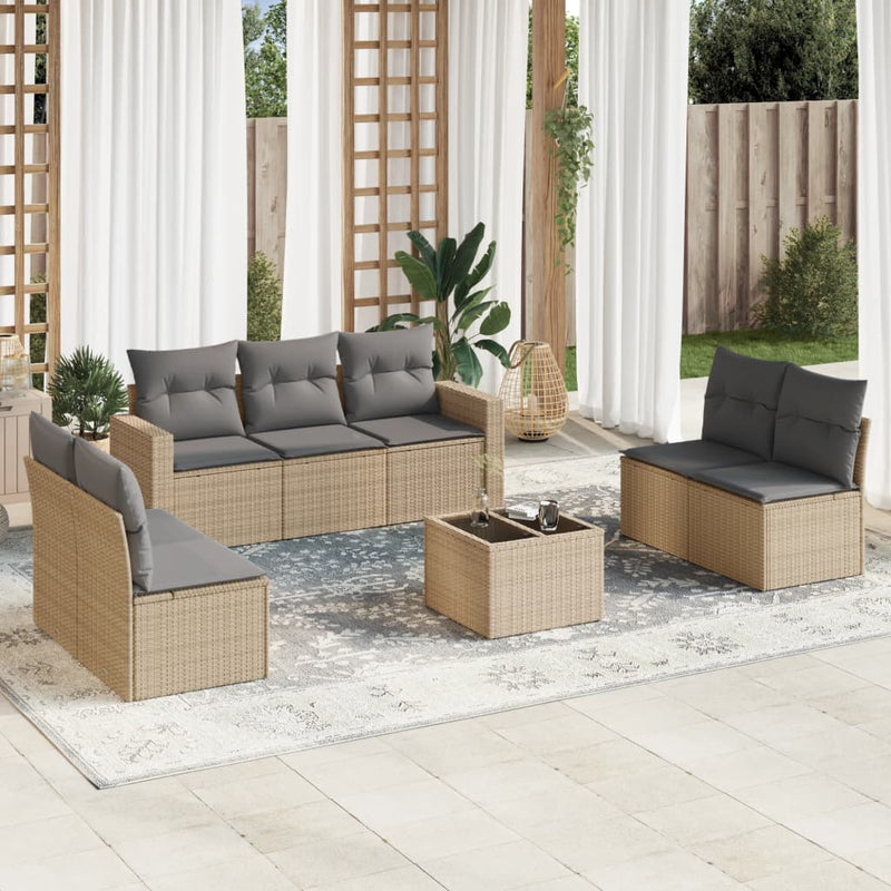 8 Piece Garden Sofa Set with Cushions Beige Poly Rattan