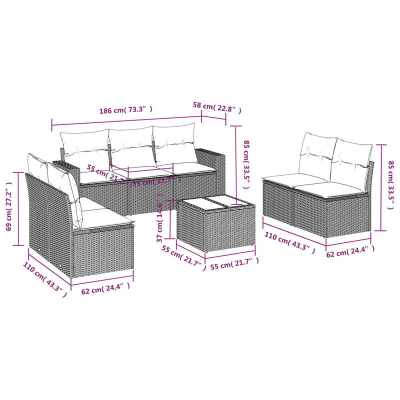 vidaXL 8 Piece Garden Sofa Set with Cushions Grey Poly Rattan