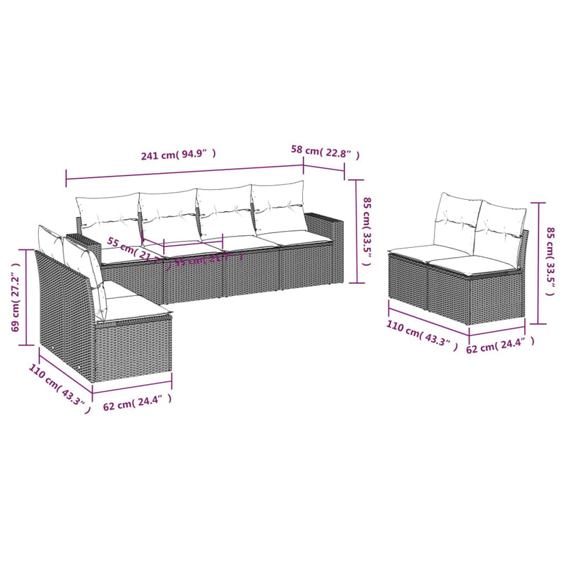 vidaXL 8 Piece Garden Sofa Set with Cushions Grey Poly Rattan