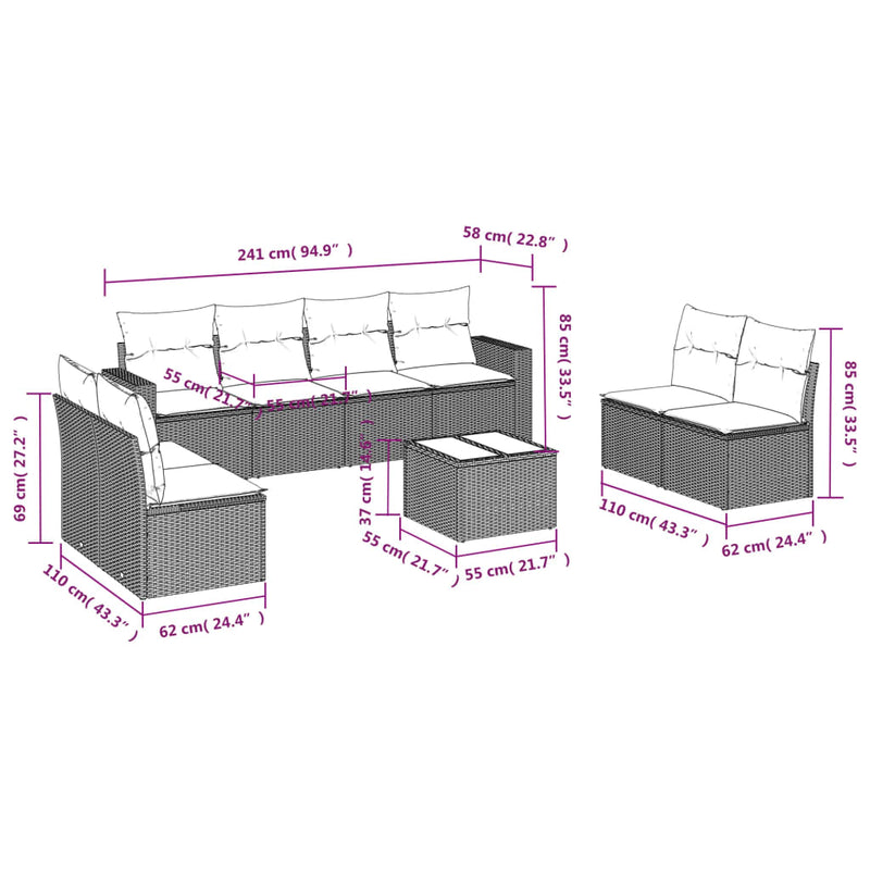 vidaXL 9 Piece Garden Sofa Set with Cushions Grey Poly Rattan