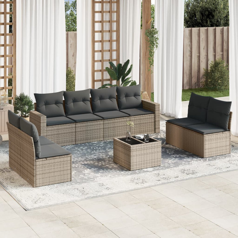 9 Piece Garden Sofa Set with Cushions Grey Poly Rattan