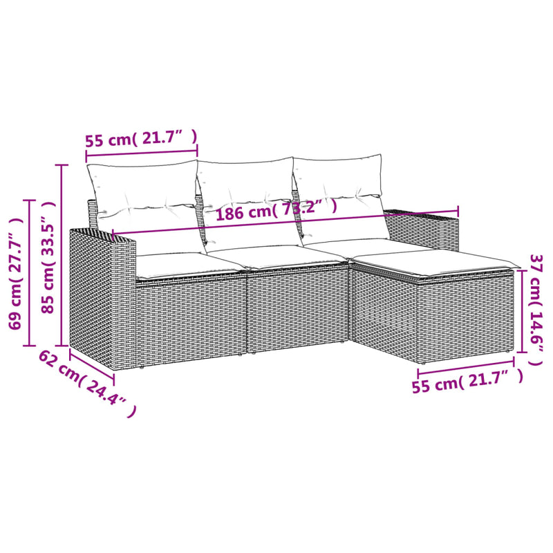 vidaXL 4 Piece Garden Sofa Set with Cushions Grey Poly Rattan