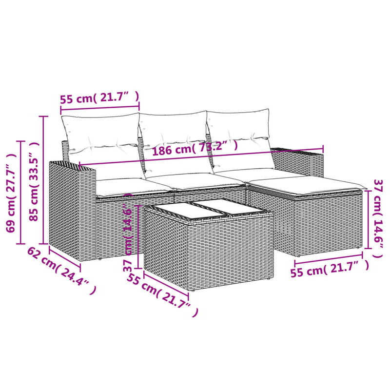 vidaXL 5 Piece Garden Sofa Set with Cushions Grey Poly Rattan