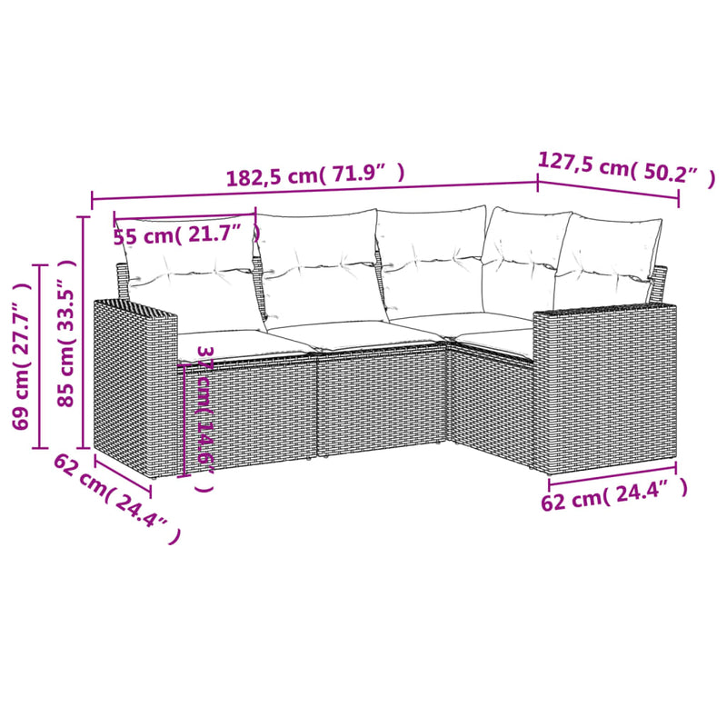 vidaXL 4 Piece Garden Sofa Set with Cushions Grey Poly Rattan