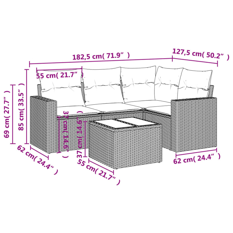 5 Piece Garden Sofa Set with Cushions Grey Poly Rattan