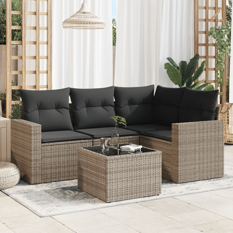 vidaXL 5 Piece Garden Sofa Set with Cushions Grey Poly Rattan