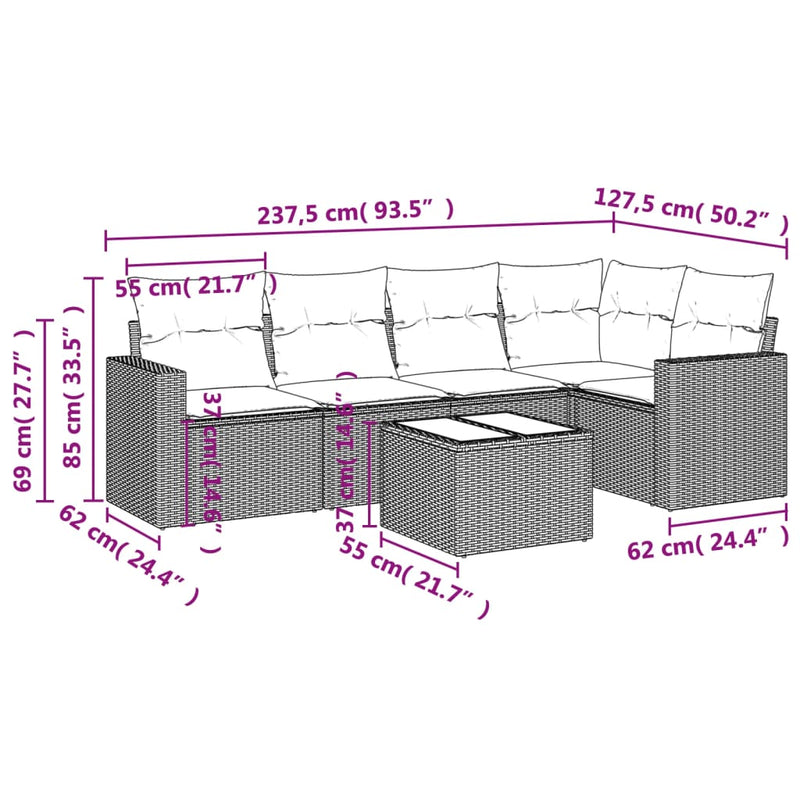 vidaXL 6 Piece Garden Sofa Set with Cushions Black Poly Rattan