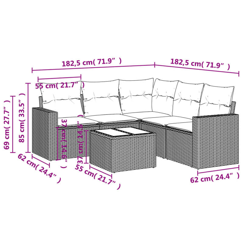 vidaXL 6 Piece Garden Sofa Set with Cushions Grey Poly Rattan