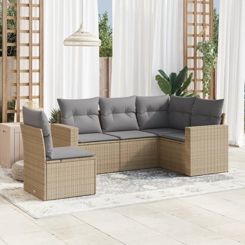 5 Piece Garden Sofa Set with Cushions Beige Poly Rattan