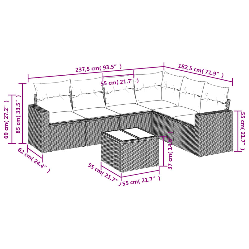 vidaXL 7 Piece Garden Sofa Set with Cushions Grey Poly Rattan