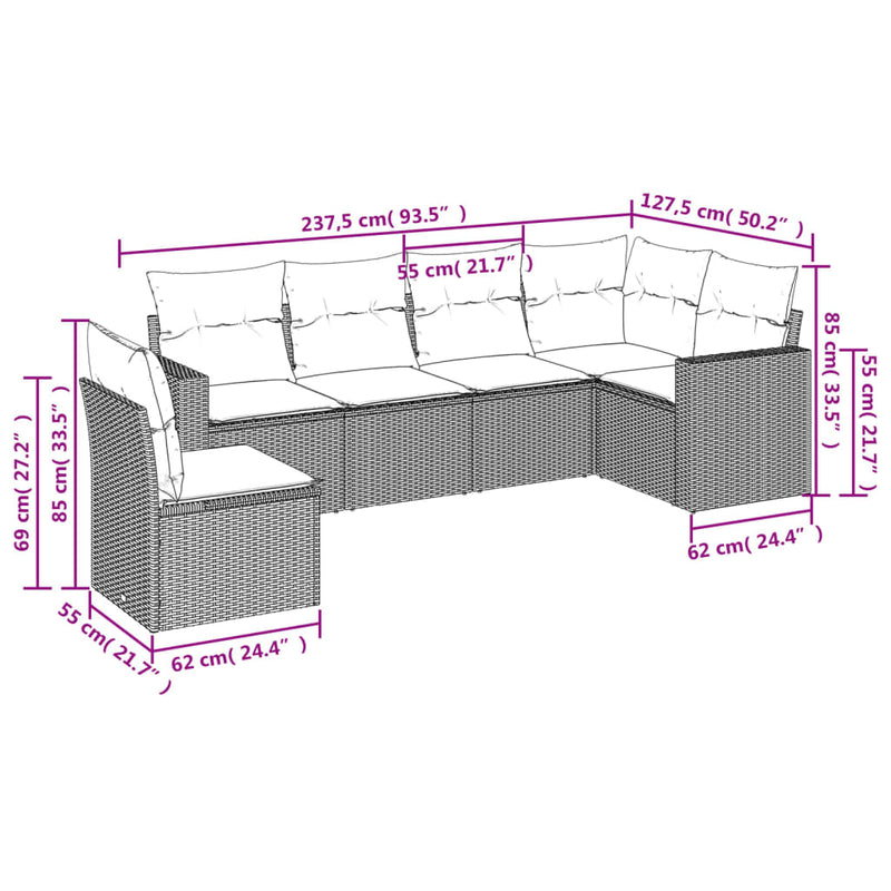 vidaXL 6 Piece Garden Sofa Set with Cushions Grey Poly Rattan
