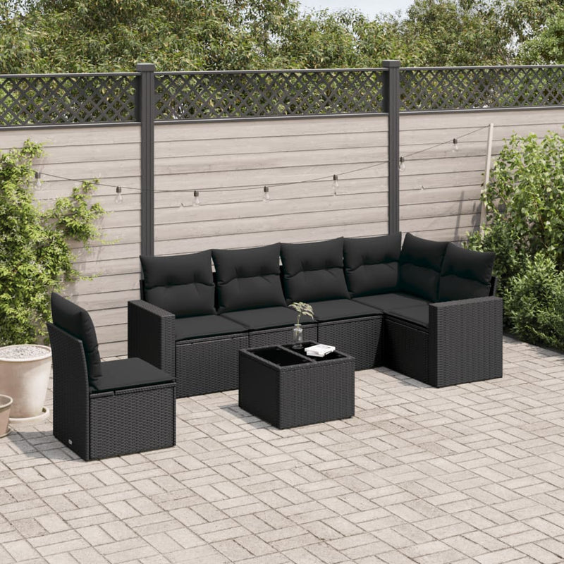vidaXL 7 Piece Garden Sofa Set with Cushions Black Poly Rattan