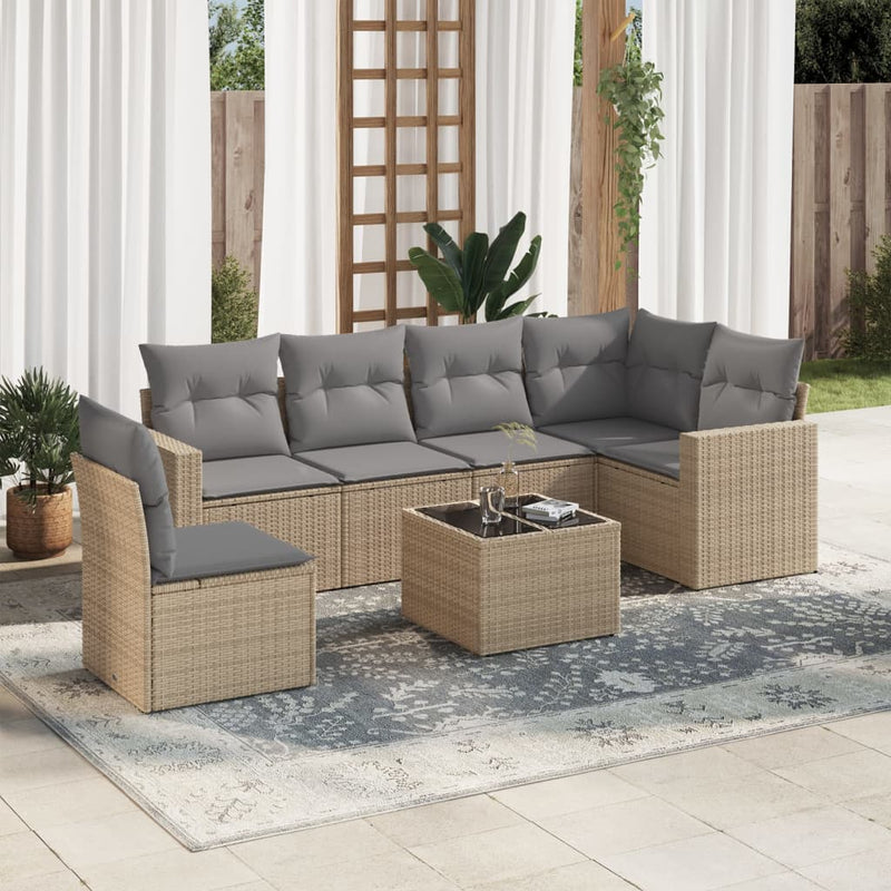 7 Piece Garden Sofa Set with Cushions Beige Poly Rattan