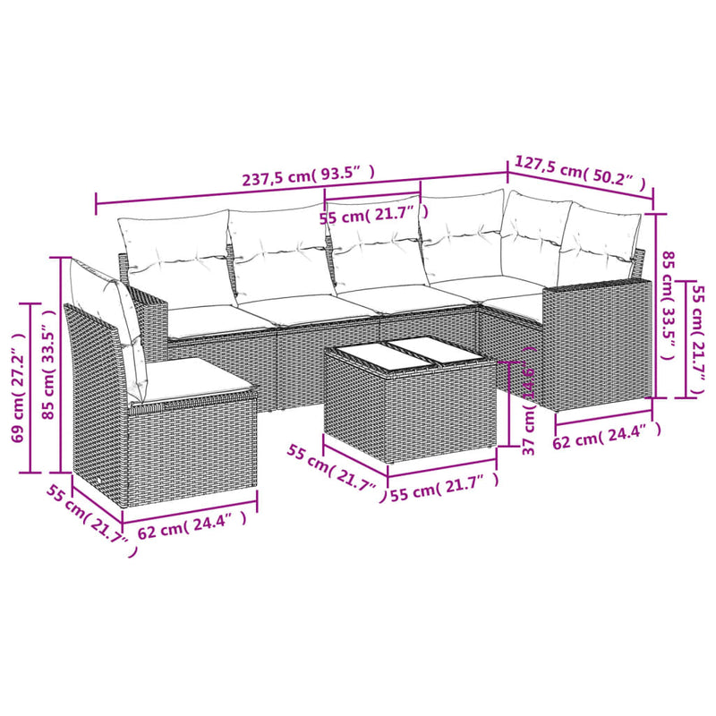 vidaXL 7 Piece Garden Sofa Set with Cushions Grey Poly Rattan