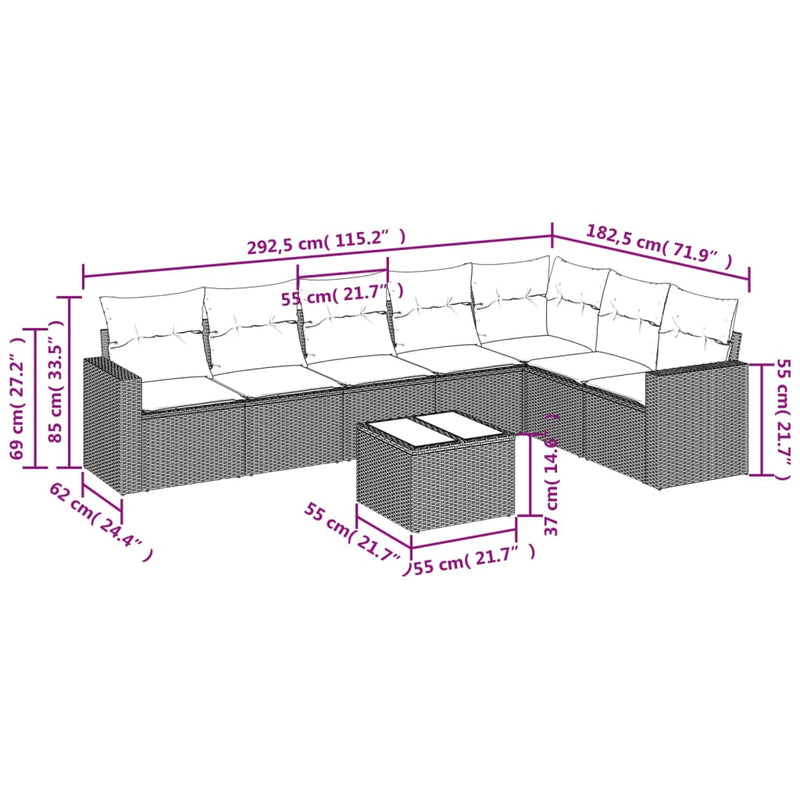 vidaXL 8 Piece Garden Sofa Set with Cushions Grey Poly Rattan