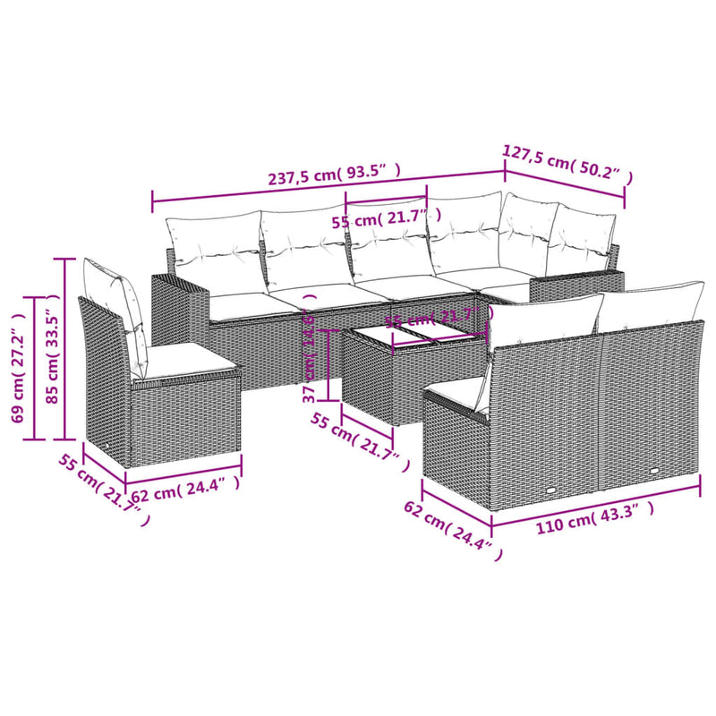 vidaXL 9 Piece Garden Sofa Set with Cushions Black Poly Rattan