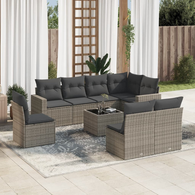 vidaXL 9 Piece Garden Sofa Set with Cushions Grey Poly Rattan