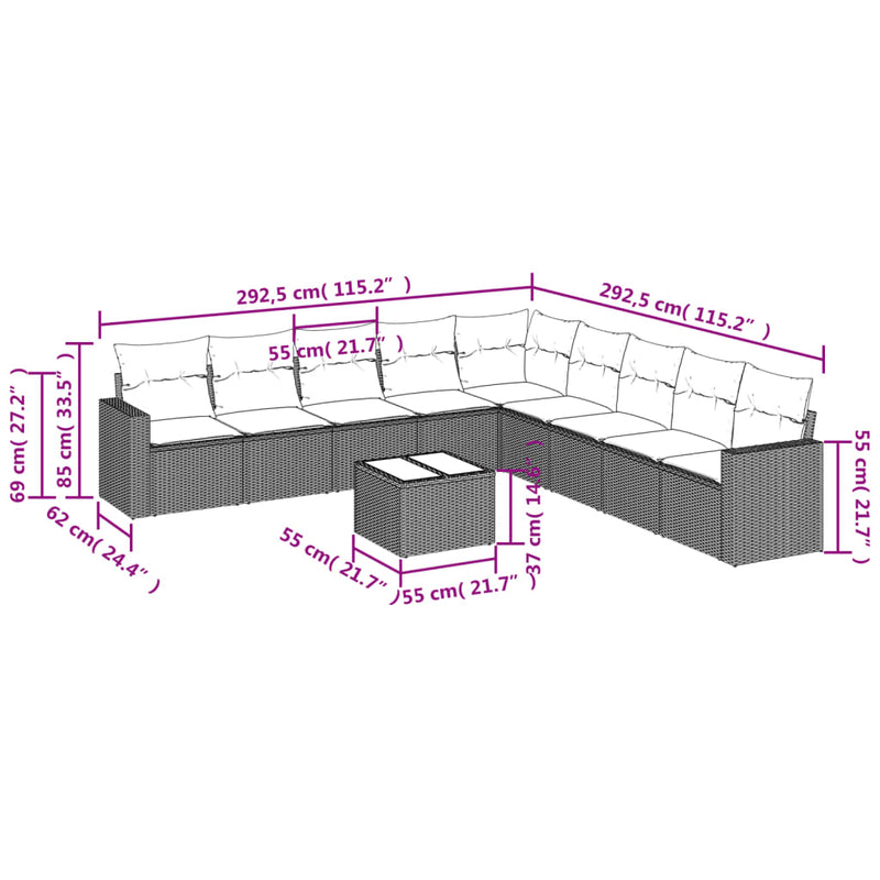 vidaXL 10 Piece Garden Sofa Set with Cushions Black Poly Rattan