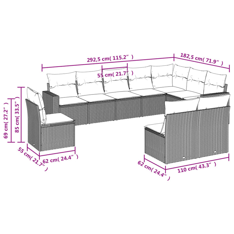 vidaXL 10 Piece Garden Sofa Set with Cushions Black Poly Rattan