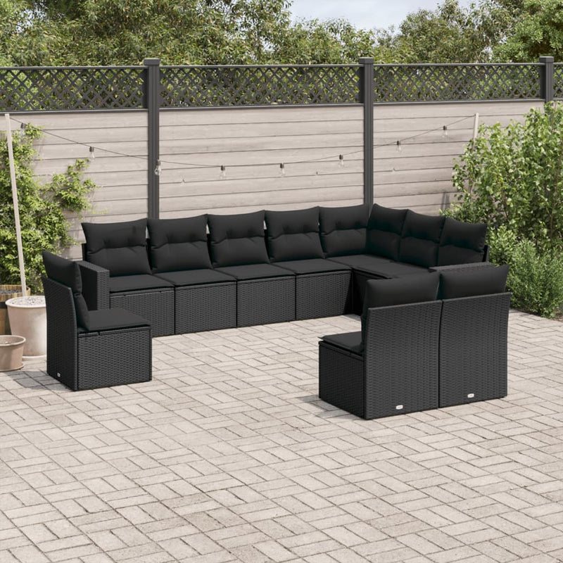 vidaXL 10 Piece Garden Sofa Set with Cushions Black Poly Rattan