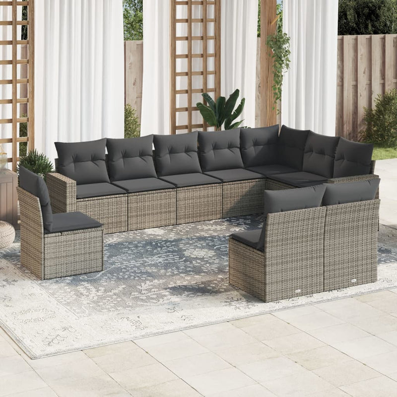 10 Piece Garden Sofa Set with Cushions Grey Poly Rattan