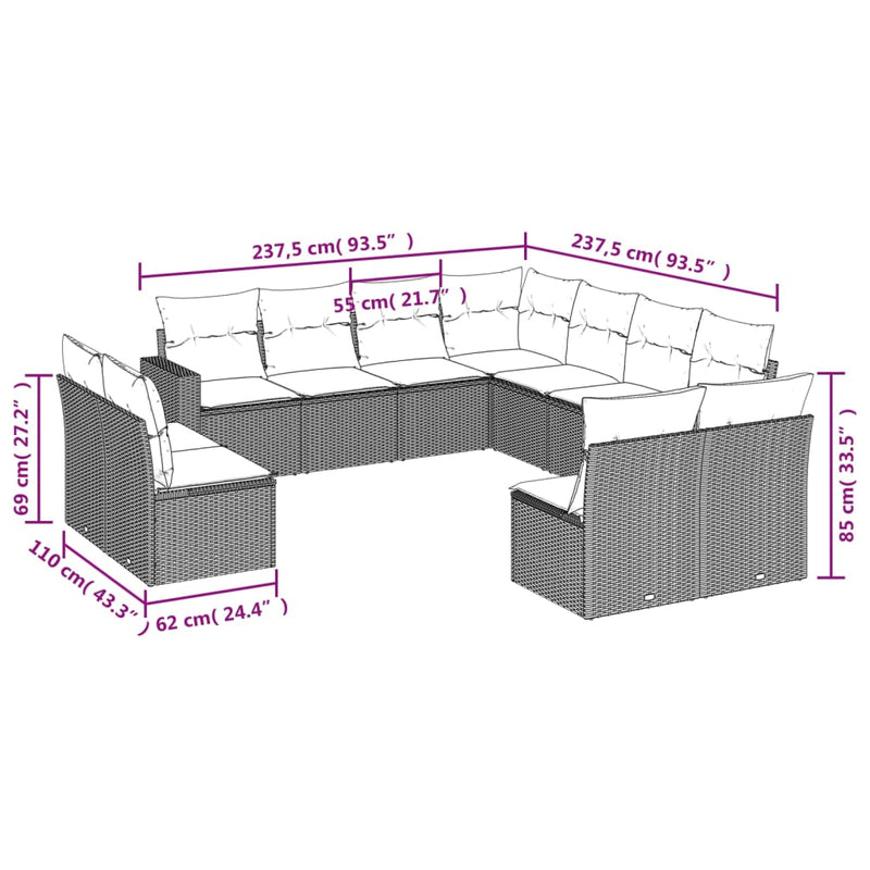 vidaXL 11 Piece Garden Sofa Set with Cushions Grey Poly Rattan