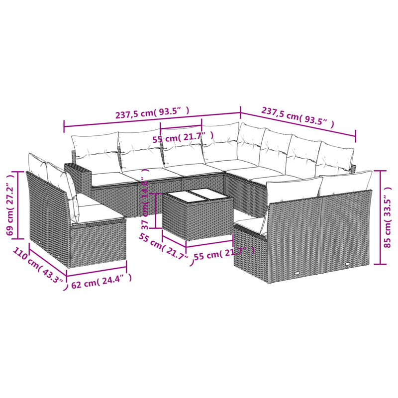 vidaXL 12 Piece Garden Sofa Set with Cushions Grey Poly Rattan