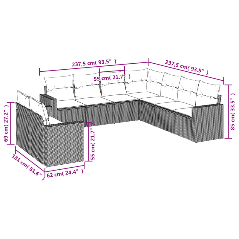 vidaXL 9 Piece Garden Sofa Set with Cushions Grey Poly Rattan