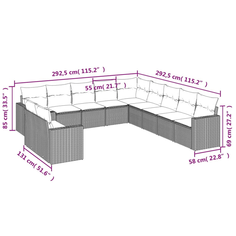 vidaXL 11 Piece Garden Sofa Set with Cushions Grey Poly Rattan