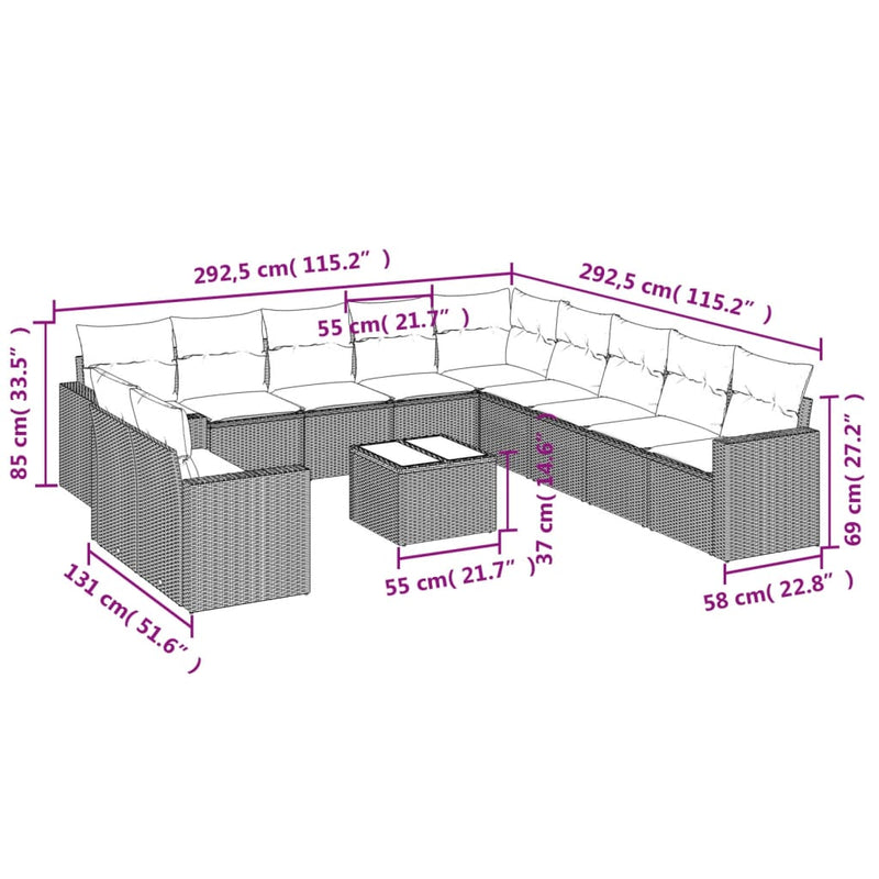 vidaXL 12 Piece Garden Sofa Set with Cushions Grey Poly Rattan