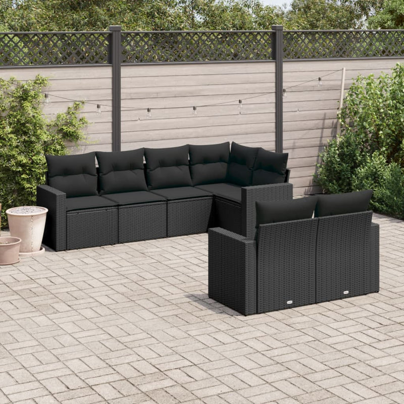 vidaXL 7 Piece Garden Sofa Set with Cushions Black Poly Rattan