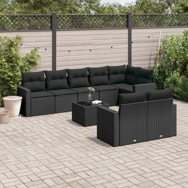 vidaXL 9 Piece Garden Sofa Set with Cushions Black Poly Rattan