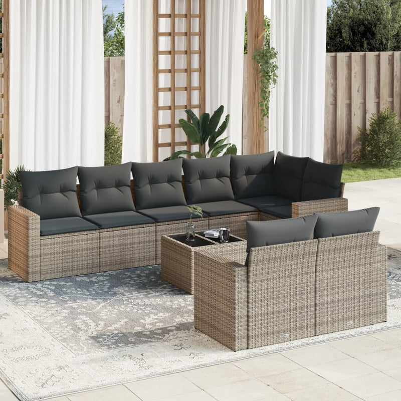 9 Piece Garden Sofa Set with Cushions Grey Poly Rattan