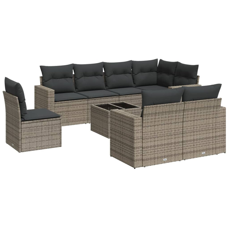 9 Piece Garden Sofa Set with Cushions Grey Poly Rattan