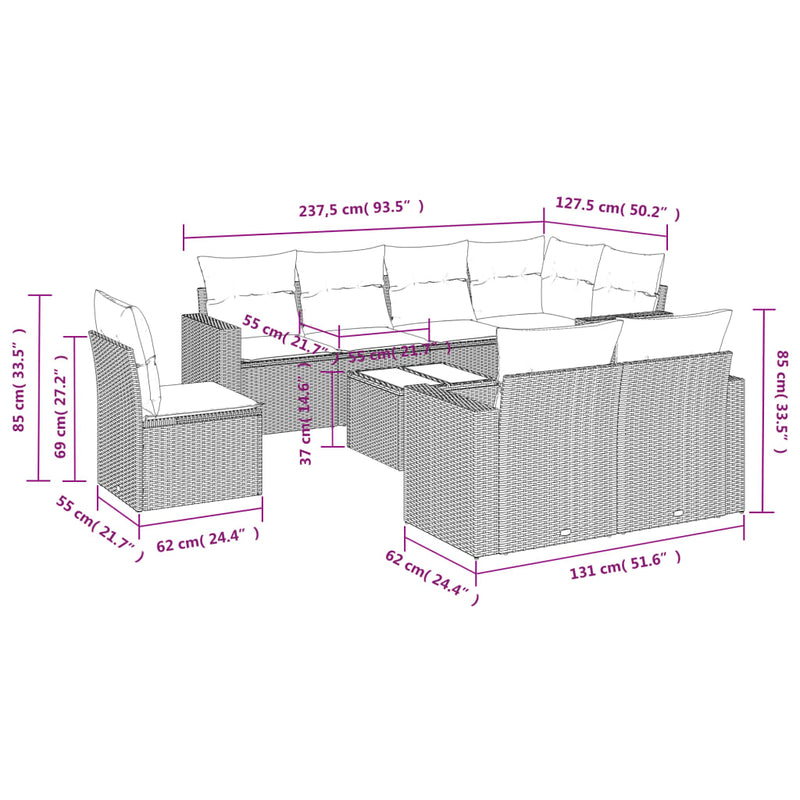 vidaXL 9 Piece Garden Sofa Set with Cushions Grey Poly Rattan