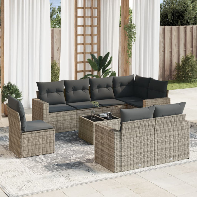 9 Piece Garden Sofa Set with Cushions Grey Poly Rattan