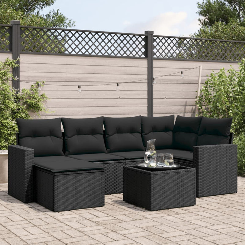 vidaXL 7 Piece Garden Sofa Set with Cushions Black Poly Rattan