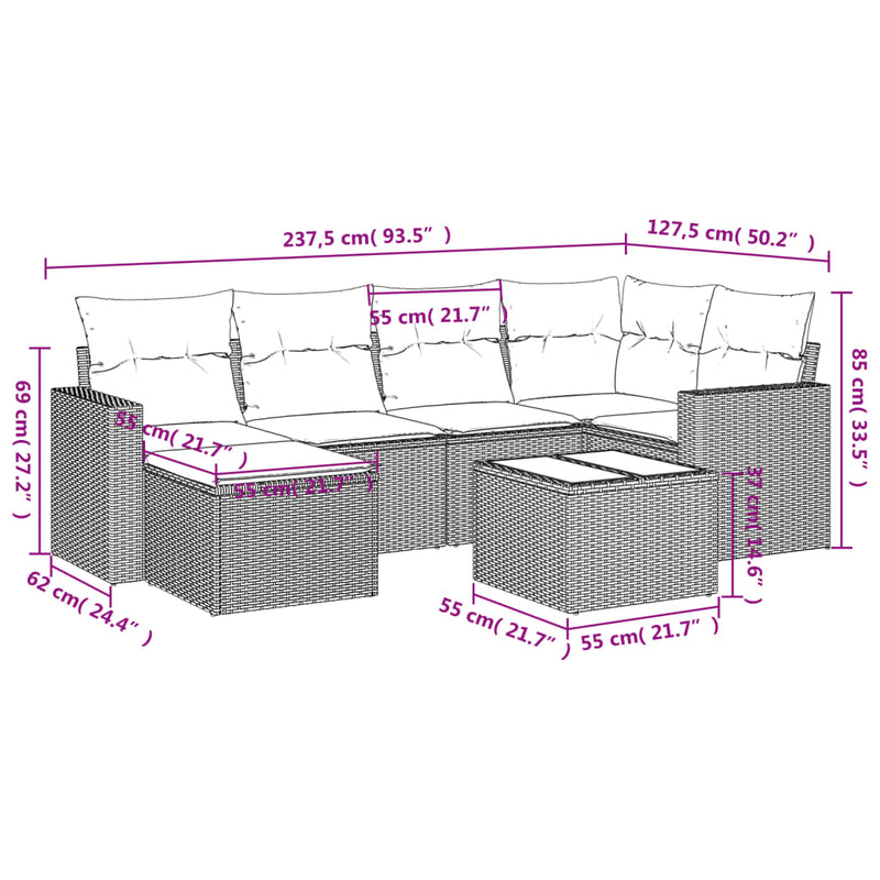 vidaXL 7 Piece Garden Sofa Set with Cushions Grey Poly Rattan