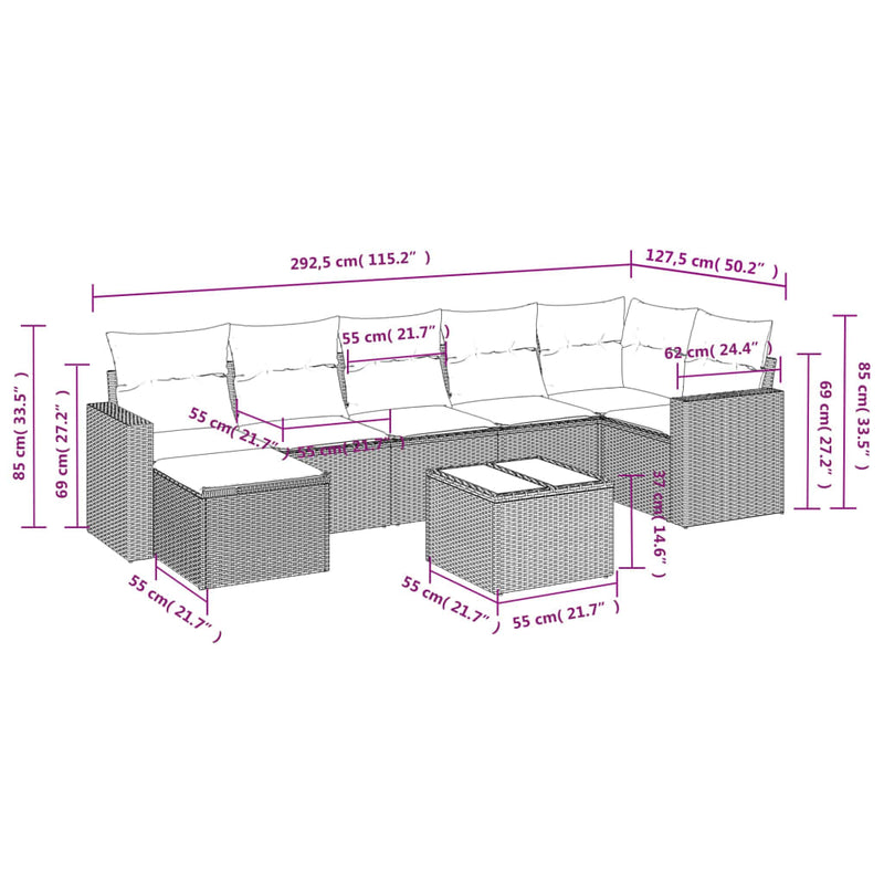 vidaXL 8 Piece Garden Sofa Set with Cushions Grey Poly Rattan