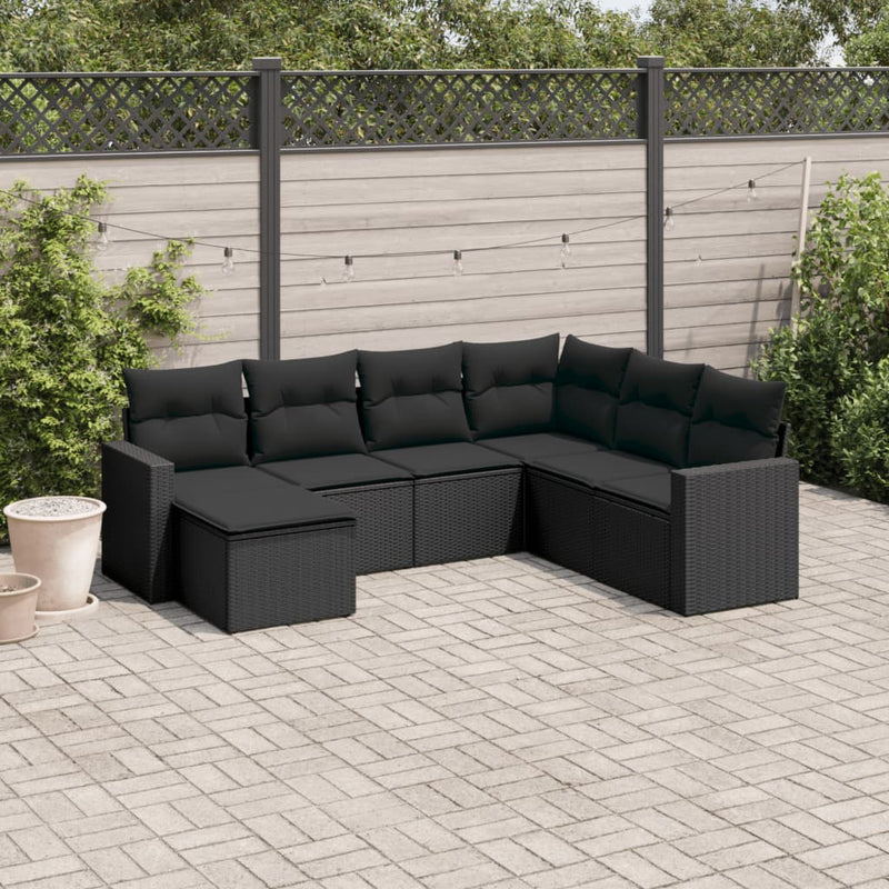 vidaXL 7 Piece Garden Sofa Set with Cushions Black Poly Rattan