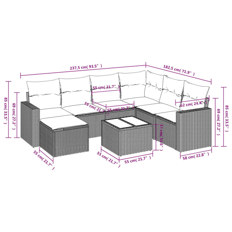 vidaXL 8 Piece Garden Sofa Set with Cushions Grey Poly Rattan