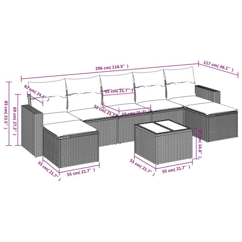 8 Piece Garden Sofa Set with Cushions Grey Poly Rattan