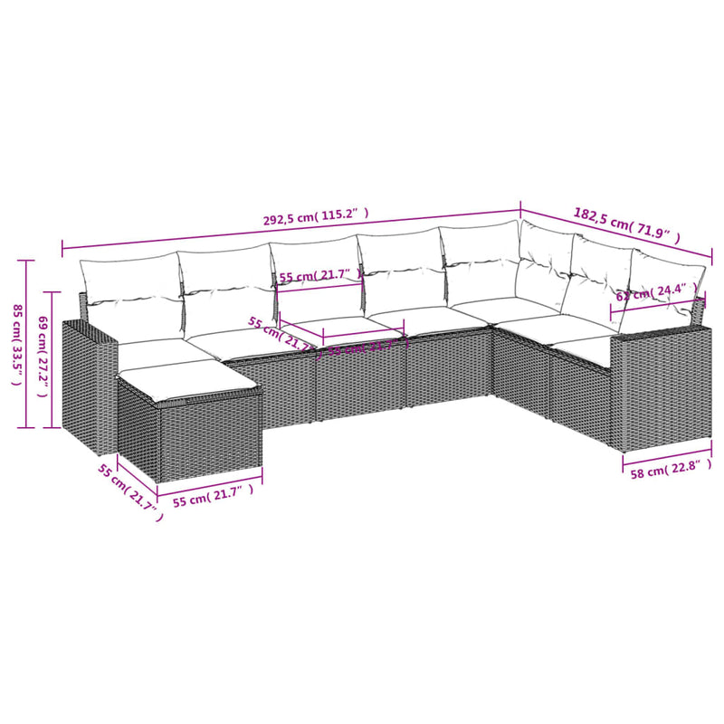 vidaXL 8 Piece Garden Sofa Set with Cushions Grey Poly Rattan