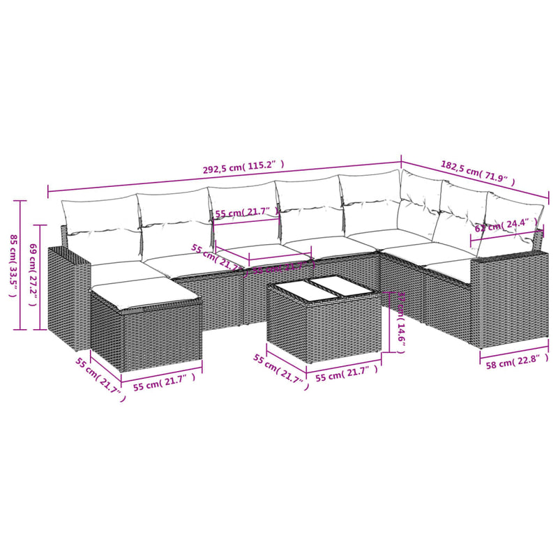 vidaXL 9 Piece Garden Sofa Set with Cushions Grey Poly Rattan